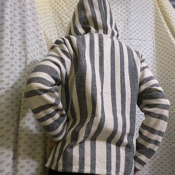 Cream Medium Beach Life Poncho w/ Black Stripes & Kangaroo Pocket - Picture 7 of 7